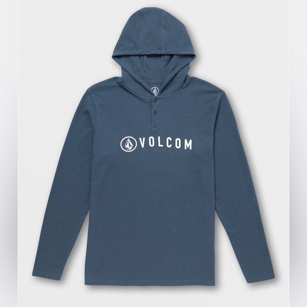 NWOT Men’s Volcom Nunez Faded Navy Screen Print Hooded Henley Thermal Small